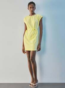 Maija Vestido mini de mujer de unicolor, minimalista, de uso diario, con cuello redondo y manga corta - Amarillo - Ver 3