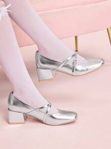 CUCCOO DOLLMOD 女士银色金属交叉带玛丽珍厚底高跟鞋，可爱校园风高跟鞋 - 銀色 - 查看 3
