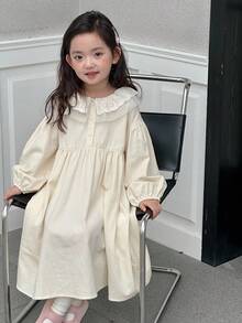DAZY Kleine Mädchen Peter Pan Kragen Spitze Patchwork Midi Süßes Lässig Kleid Herbst,Winter - Aprikosenfarben - Übersicht 6