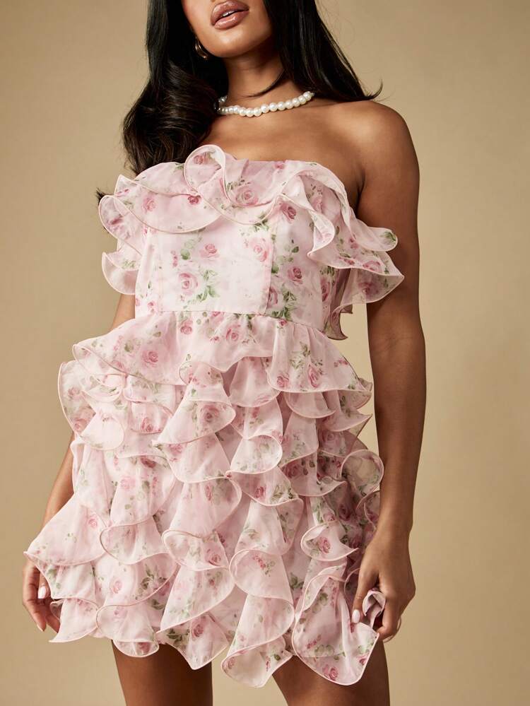MISSGUIDED Kwiatowa, falbaniasta mini sukienka typu bandeau bez ramiączek, impreza weselna, wiosna, lato, słodka herbata, ogród, formalny prysznic