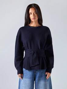 LYSMO 2025秋冬新款/女士纯色圆领落肩长袖腰带休闲毛衣/秋季女装/秋季女装/秋季上衣/冬季女装/返校季/返校季/返校季女装/校园上衣/返校节/万圣节/万圣节/万圣节女装/万圣节服装/万圣节服装/圣诞节/教师/外出女装/约会女装/外出上衣/商务休闲女装/哥特女装/基础款上衣/韩版/波西米亚风/Y2K/藏蓝色，女士毛衣 - 黑色 - 查看 4