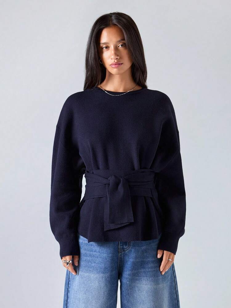 LYSMO 女士纯色圆领落肩长袖腰系带休闲毛衣 - 黑色 - 查看 4