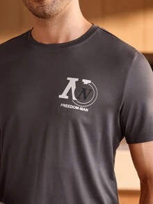 Manfinity Underwear&Sleepwear Basics 2PCS Men's Round Neck Short Sleeve Casual Top And Striped Pants Pajama Set For Men Loungewear PJs Sleepwear - Dark Grey - View 5