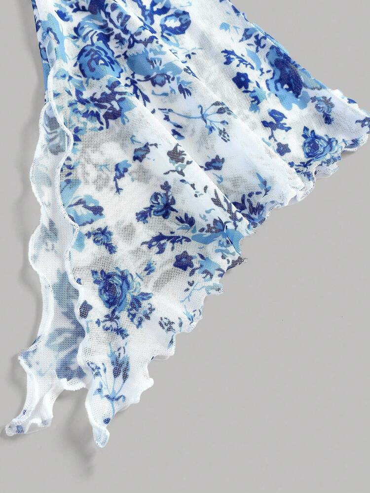 Girlism 女童花卉印花喇叭袖柔软长袖T恤（带抽绳） - 藍白色 - 查看 4