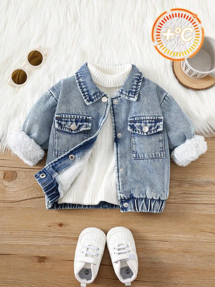 SHEIN Unisex Baby Boy Fuzzy Cardigan Jacket, Casual Cute Versatile Thermal Lined Blue Collar Outerwear For Autumn/Winter Fall - Multicolor - View 3