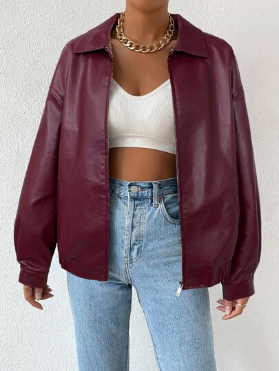 SHEIN EZwear Drop Shoulder Zip Up PU Cropped Leather Jacket In Fall/Winter