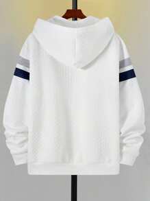 Manfinity Homme 男式字母印花抽绳连帽拉链白色运动衫，秋季 - 白色 - 查看 2