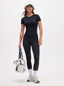 Easify SHEIN Sport T-shirt de sport à manches courtes sans couture de couleur unie, chemise de compression ajustée