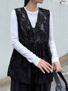 FRIFUL 女士V领纹理宽松无袖背心外套黑色背心女款黑色背心黑色系带背心薄纱黑色背心背心上衣女式外套 - 黑色 - 查看 3