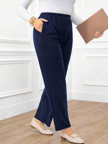 Miaspire Plus Size Women's Casual Daily Black Long Pants With Pockets - Navy Blue - View 5