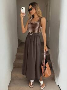 SHEIN LUNE Rochie de vară pentru femei, fără mâneci, cu dungi, model patchwork - Maro - Vizualizare 3