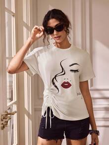 Shutterstock Glamance 女式休闲印花抽绳T恤夏季休闲 - 白色 - 查看 4