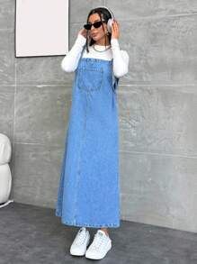 EURMUSE WOMEN LONG DENIM DRESS POCKET DETAILED - Medium Wash - View 6