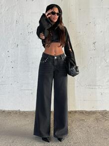 EURMUSE WOMEN WIDE LEG LOW WAIST JEANS - Black - View 4