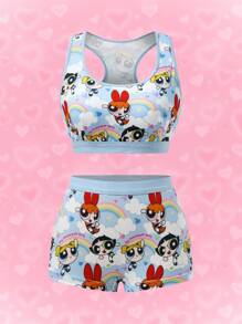 THE POWERPUFF GIRLS X SHEIN 女士可爱花朵、泡泡、毛茛图案编织肩带内衣套装 - 藍色 - 查看 5