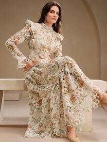 Anewsta Đầm maxi dài tay, thanh lịch kiểu Pháp lãng mạn, xếp ly eo, ren rỗng, in hoa dành cho nữ, thích hợp cho buổi hẹn hò lãng mạn ngày Valentine. - Nhiều màu - Xem 3