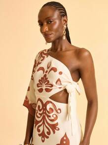 CAJUNI 女式波西米亚度假细肩带镂空收腰A字印花连衣裙 - 彩色 - 查看 5