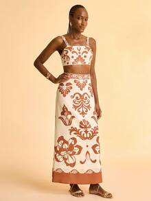 CAJUNI Chân váy chữ A dáng đứng in họa tiết Bohemian màu nâu đế màu mơ dành cho nữ, thích hợp cho kỳ nghỉ, bãi biển, hẹn hò, ngày lễ - Nhiều màu - Xem 7