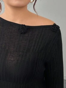 Modelyn Plus Size Women 3D Floral Decor Solid Color Casual Pullover Sweater Fall Winter Cloth For Women Autumn - Black - View 6