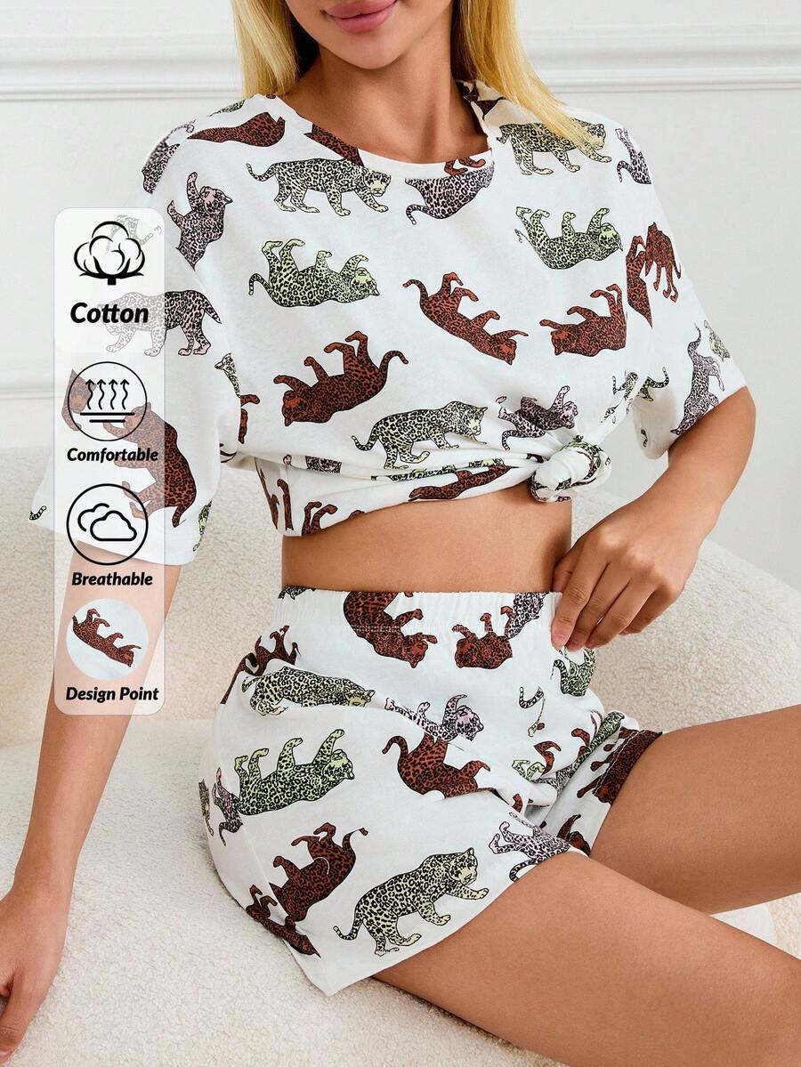 EURMUSE 2 pièces Ensemble pyjama en coton avec motif animal, chemise à manches courtes oversize et shorts imprimés - Multicolore - Voir 1