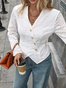 SHEIN Clasi Solid Color Versatile V-Neck Cuff Cardigan Long Sleeve Shirt Fall Cloth For Women - White - View 3