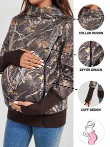 SHEIN Maternity Camouflage Print Zip Up 3-In-1 Nursing Hooded Coat Women's Fall Clothes Halloween Clothes - Army Green - View 7