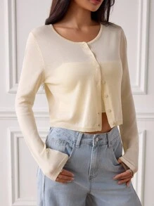 SHEIN PETITE 休閒百搭純色短版開襟衫，秋冬款，適合嬌小女性 - 黃色 - 查看 4