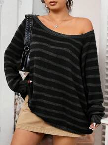 SHEIN EZwear 大码条纹插肩长袖休闲毛衣，秋冬