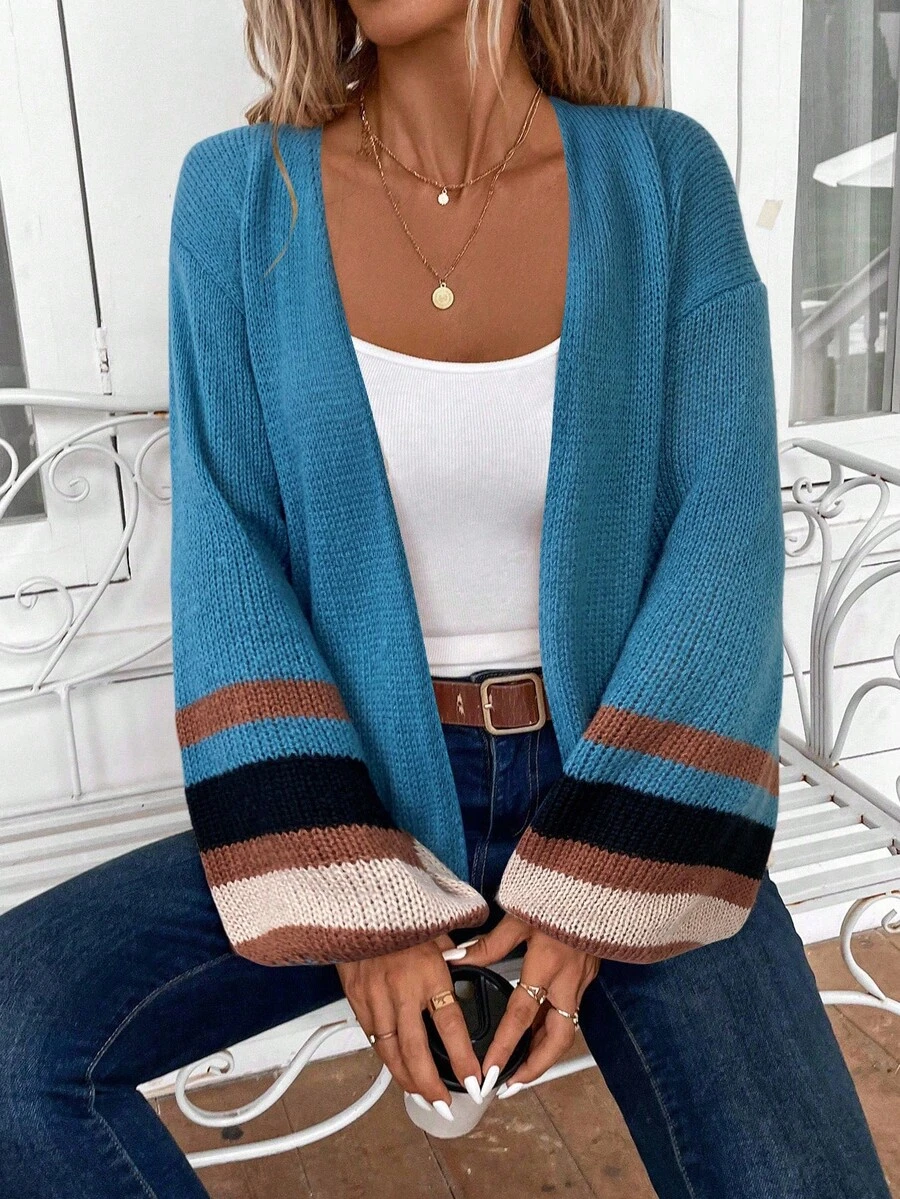 EMERY ROSE 女式秋冬宽松落肩撞色条纹开衫 - 彩色 - 查看 1