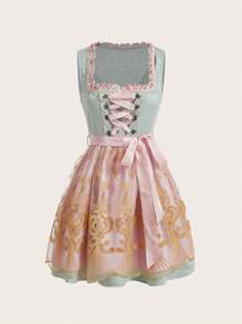 Serisse 慕尼黑啤酒节 Dirndl 女式荷叶边甜心领结刺绣网眼下摆无袖优雅迷你连衣裙，非常适合下午茶、音乐会、早午餐和慕尼黑啤酒节 - 彩色 - 查看 2