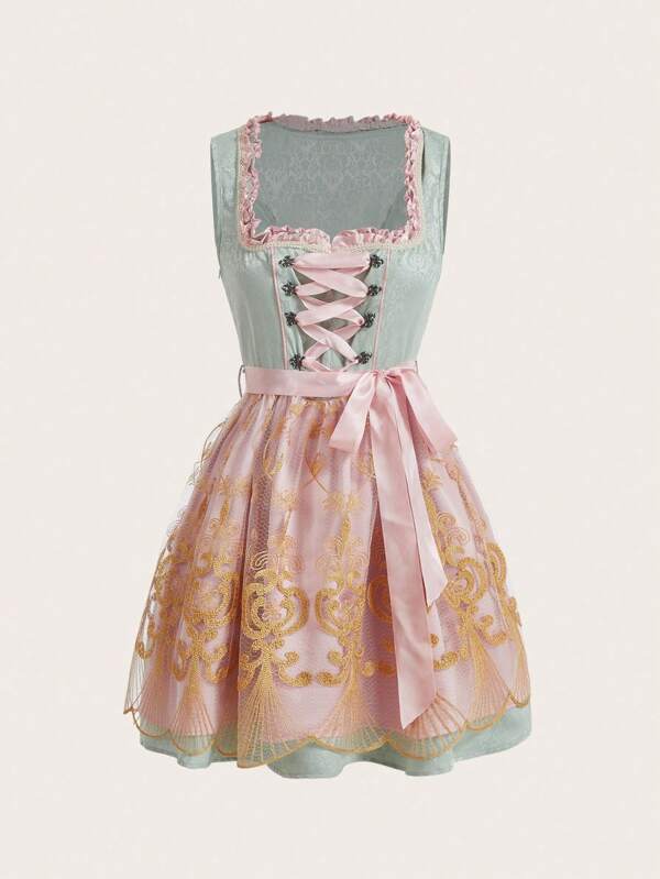 SHEIN Frenchy Vestido mini elegante sin mangas con cuello de corazón, volantes, bordado y dobladillo de malla, diseño talla grande reciente de otoño 2025, perfecto para el té de la tarde, conciertos, brunch y Oktoberfest