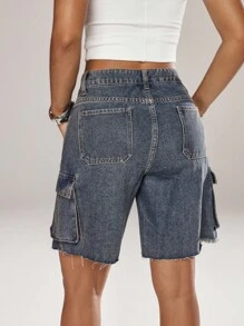 SHEIN ICON Shorts vaqueros de pierna ancha lavados informales para mujer - Azul lavado oscuro - Ver 3