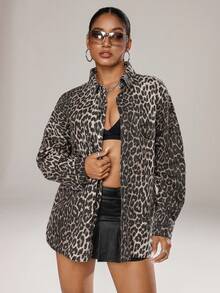 Jeanoix Women's Leopard Print Loose Oversized Denim Jacket - Multicolor - View 5
