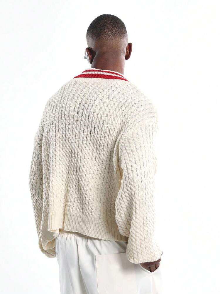 Cable Knit Quarter Zip Sweater With Striped Collar