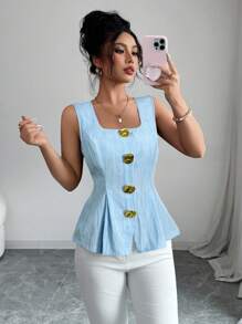 Elenzga Summer New Arrival French Elegant Fashion Big Metal Button Backless Tie Sleeveless Solid Color Blouse For Women - Baby Blue - View 4