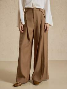 Briarwyn 女士休闲简约纯色褶皱宽松阔腿裤，百搭日常穿着，秋季服装，返校服装，复古风格女性，女士教师装，商务休闲女装工作装 - 卡其色 - 查看 2