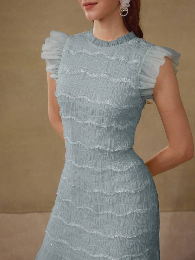 RUCHED FABRIC CONTRAST MESH ROMANTIC DRESS FOR VACATION
