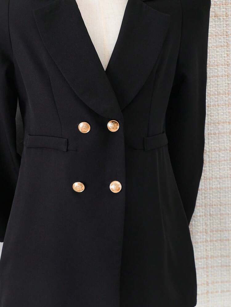 Tween Girl Dual-Breasted Lapel NeckJacket Fall Winter - Black - View 3