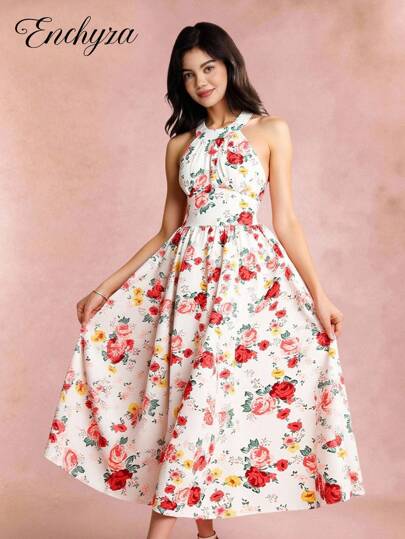 Teenage Girl Rose Ditsy Floral Slip Dress With Puff Sleeves, Bow Decor, Waist-Cinched, Suitable For Vacation, Outdoors, School, Spring/Summer