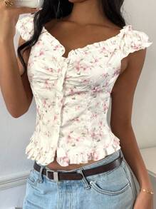 CovetEZ Áo cánh mỏng họa tiết hoa đơn giản dành cho nữ, mùa hè - trắng - Xem 5