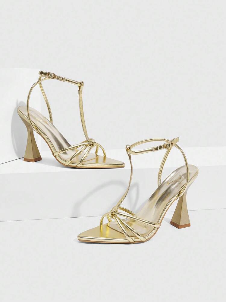 CUCCOO SZL Gold Metal PU Strap Pointed Toe Sexy Glamorous Nightclub Fashion Chunky Heel Sandals