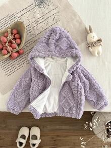 SHEIN Chaqueta casual holgada con capucha forrada térmicamente, de jacquard reversible, para niña bebé, color morado - Morado - Ver 3