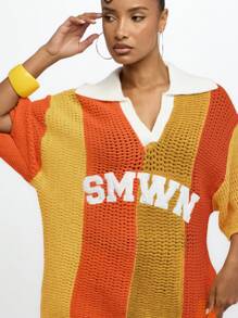 SUMWON WOMEN Áo len móc len kẻ sọc cỡ lớn cổ chữ V, áo chui đầu, cổ polo trễ vai, logo chữ nổi bật, thời trang thu đông Y2K - Nhiều màu - Xem 8