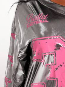 SHEIN SXY Plus Size Women Spring/Summer Sporty Metallic Silver Jersey Club Pink Bow Print Tee, Suitable For Cheering Squad, Ball Game, Date Night, Y2K,Gyaru,Y3K,Birthday, Bachelorette Party, Cute, Ibiza,Nashville,Rave,Modest,Chic,Casual, Shopping, Streetwear, Going Out