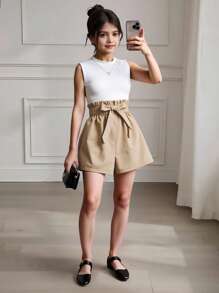 SHEIN Débardeur Col Montant Pour Fille Préadolescente Et Short Taille Haute Court Avec Ceinture