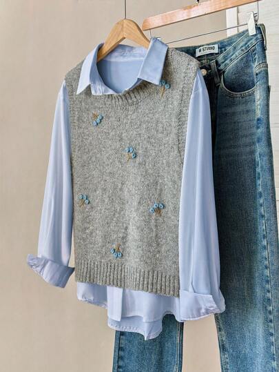 Modelyn Maglione smanicato da donna a girocollo in tinta unita con ricamo, adatto per l'autunno/inverno