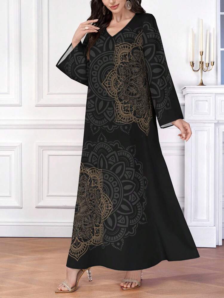 SHEIN Najma 优雅艺术印花阿拉伯风格女式连衣裙 - 彩色 - 查看 3