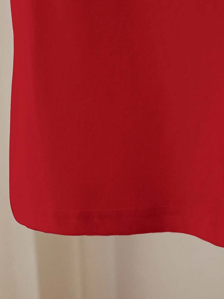 SHEIN Women's Standard Size Round Neck Short Sleeve Beaded Heart Shaped T-Shirt, Regular Shoulder - Red - View 4