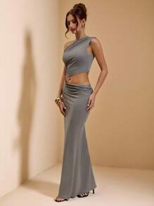 SHEIN BAE Đầm maxi nữ màu xám trơn, dệt kim, cổ áo bất đối xứng, khoét rỗng, xếp ly, gợi cảm, thanh lịch, dáng đuôi cá, thích hợp cho kỳ nghỉ/hẹn hò, đầm maxi đi biển, đầm dạ hội thanh lịch, đầm dự tiệc cưới, đầm maxi màu xám, thích hợp cho mùa tựu trường. - Xám - Xem 1