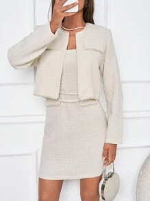 SHEIN Tall Women's Cottnline Pearls Trim Flap Detail Crop Jacket & Bodycon Dress - Beige - View 5